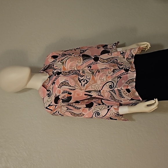 VTG KATHY CHE Pink Floral Mod Chiffon Button Down Assymetric Collared Shirt - Picture 2 of 9